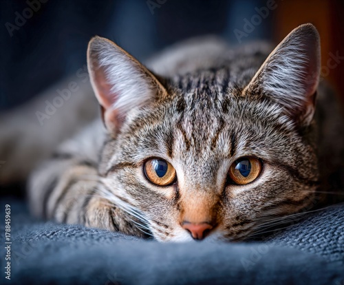 Cat resting comfortably on a cozy surface with bright eyes and soft fur