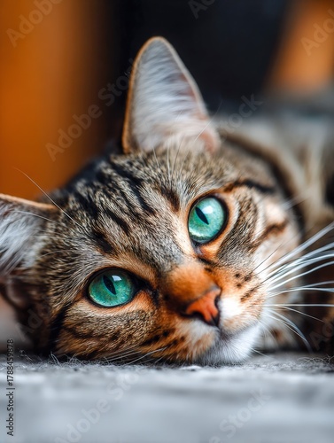 Cat rests peacefully, showcasing bright green eyes and relaxed posture