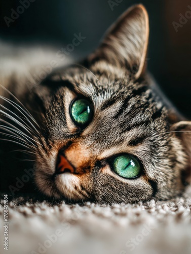 Cozy cat resting with striking green eyes in warm indoor setting