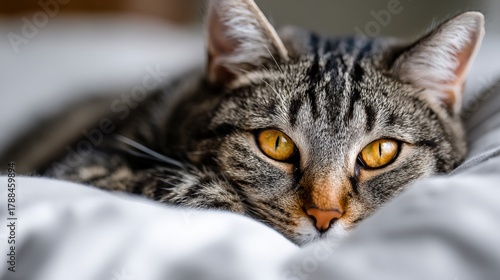 Cozy cat resting on soft bedding in warm indoor setting