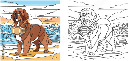 A Brave Saint Bernard Dog on a Sandy Beach with a Barrel, Ready to Help, with Ocean Waves and a Sunset in the Background