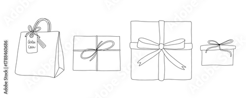 Set of naive minimalist line art gift boxes and shopping bag with bow ribbons hand drawn doodle vector outline illustration