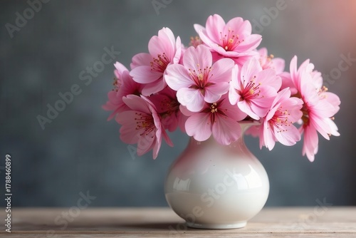 Full bloom pink cherry blossoms arranged in a pristine white vase , pastel, plant, petals