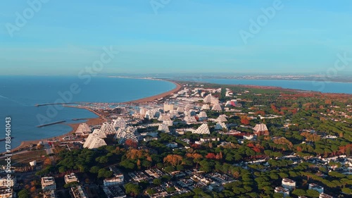 Aerial panorama of the seaside resort of La Grande Motte, in the department of Hérault, in the Occitanie region, France.