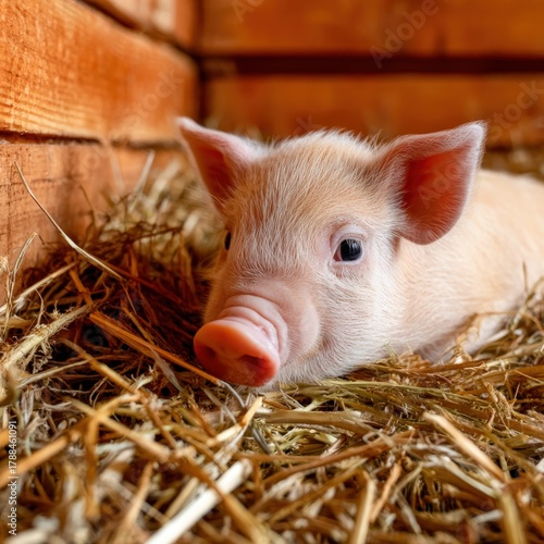 Cute piglet resting in straw on a sunny farm