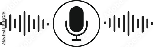 Microphone icon with sound wave symbol. Voice Recording and Audio Input Interface. Sound Control and Recording sign. Podcast Studio or Speaking Broadcast symbols