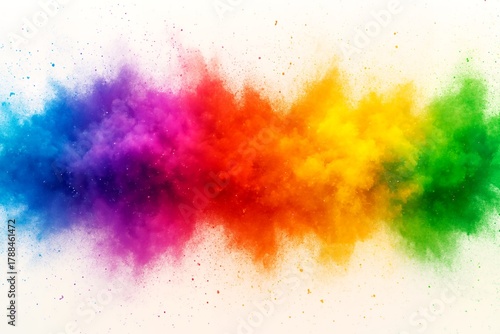 A horizontal banner image featuring a vibrant, multicolored explosion of powder or dust, resembling a rainbow spectrum  against a clean white background