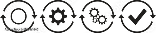 Circular process diagram illustrating continuous improvement and workflow with gears and checkmark symbols