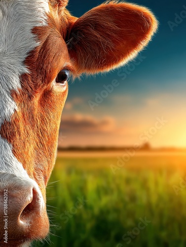 Cow standing in a green field at sunset with vibrant colors in the background