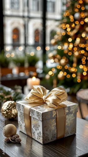 Elegant holiday gift and decoration with glowing christmas tree in cozy ambient room, vertical composition