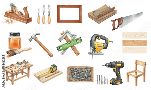 Watercolor Set of Carpentry and Woodworking Tools and Equipment