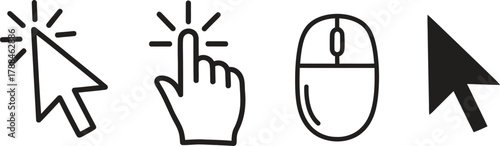 Collection of four distinct cursor icons representing computer mouse pointer hand and click actions