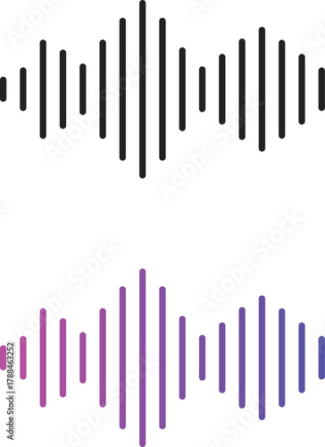 Sound wave icon set. Audio Wave and Music Frequency Symbols. Audio Equalizer and Volume Level Interface. Voice Recording and Live Broadcast Waveform Symbols