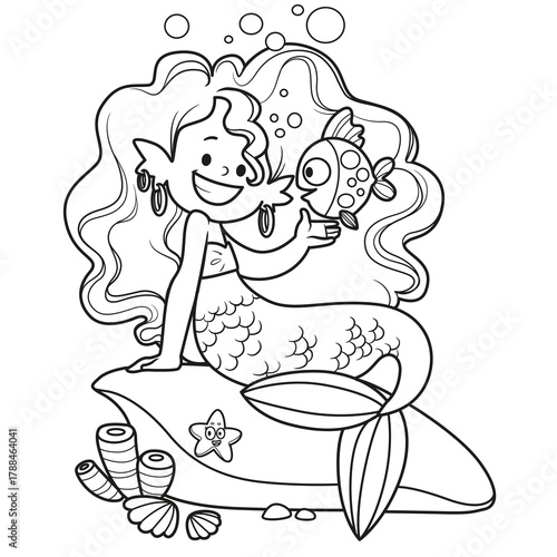 Cute little mermaid girl with cartoon fish in hand outlined for coloring page isolated on white background