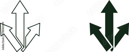 Three arrows pointing downwards and outwards in a divergent direction one outlined and one solid green