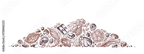 Cocoa beans, chocolate sweets. Hand drawn border