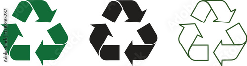 Three distinct recycle symbols in green black and sketched outlines on a white background