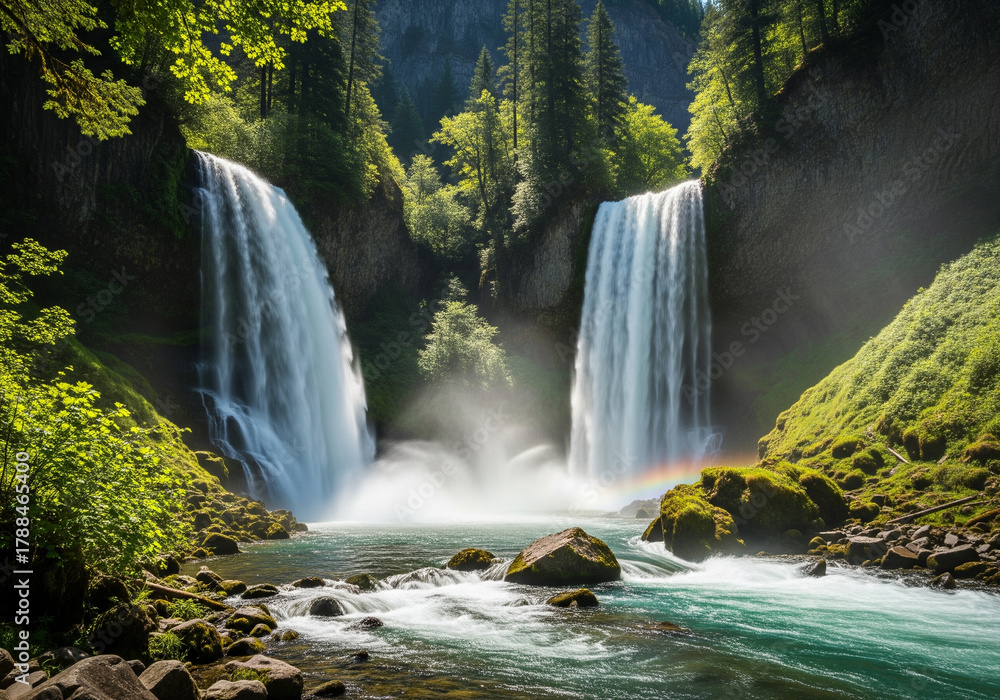Fototapeta premium A majestic view of powerful twin waterfalls cascading into a turbulent river, creating misty rapids and a faint rainbow in a lush, sunlit forest canyon
