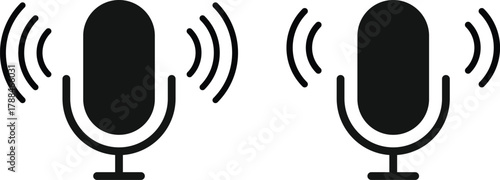 Microphone icon with sound wave symbol. Voice Recording and Audio Input Interface. Sound Control and Recording sign. Podcast Studio or Speaking Broadcast symbols