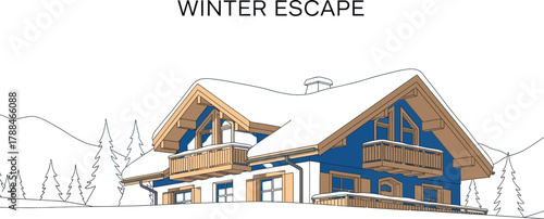 Cozy winter cabin nestled in a snowy landscape under a clear blue sky day