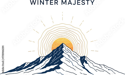 Majestic mountain peak under a radiant sun in a minimalist winter landscape art