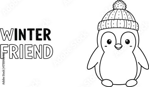 Cute penguin wearing a winter hat illustration for coloring book and kids design