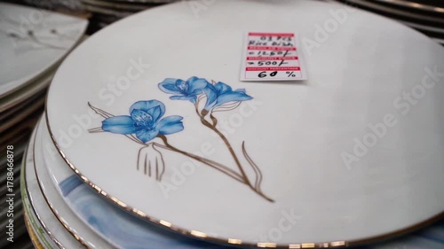 Two blue flowers on white plate art arrangement
