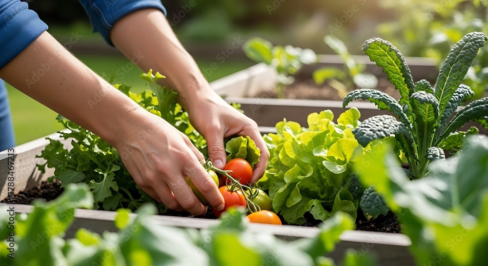 Fototapeta premium sustainable home gardening scene, person harvesting fresh organic vegetables in a backyard garden