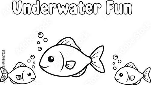 Three cute cartoon fish swimming underwater with bubbles in a light blue scene