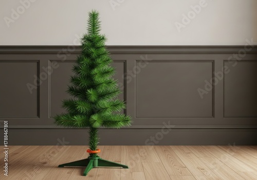 Unadorned green fir on the parquet floor, against the wall paneling backdrop indoors