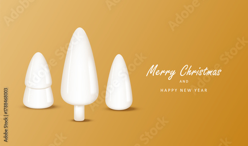 Merry Christmas gold card with 3d different crystal white trees. Simple element of holiday decoration. Vector background.