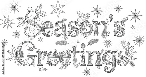 Elegant season's greetings design with decorative lettering and winter holiday icons