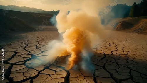 Barren cracked earth emitting smoke under dramatic sky