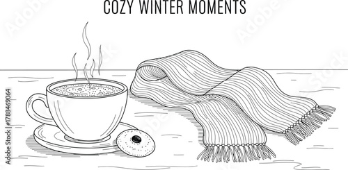 Hot drink and cozy scarf for a relaxing winter moment in black and white art