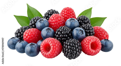 Fresh mixed berries raspberries blueberries and blackberries on transparent background