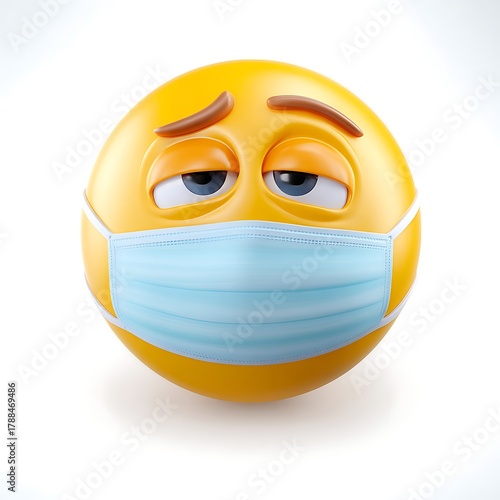Sad Sick Emoji Face with Mask Showing Fatigue and Illness in 3D Style for Health Awareness Pandemic Quarantine and Medical Concepts