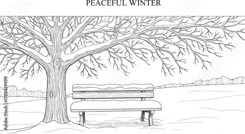 Snow covered bench under a bare tree in a peaceful winter landscape scene
