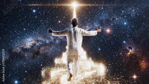 Person Walks Towards Light in Galaxy, Raises Arms in Surrender