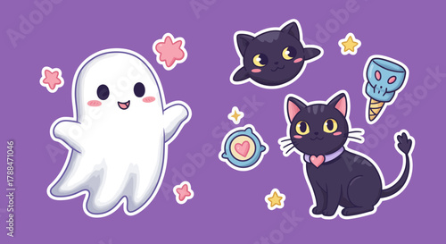 Cute Halloween Ghost and Black Cats Stickers Set.