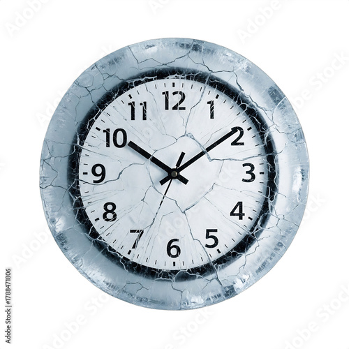 A conceptual analog wall clock, encased in cracking ice, hands frozen at two minutes to midnight. Perfect for New Year's, deadlines, climate crisis, time, urgency, and future concepts.