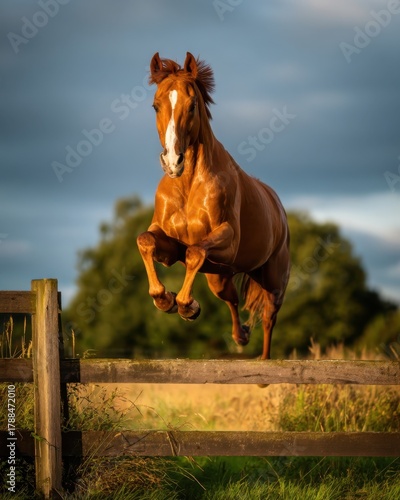 Horse leaps over wooden fence in evening sunlight