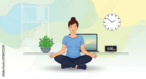 Young woman meditating in a contemporary office setting, practicing mindfulness for stress relief and well-being. Vector
