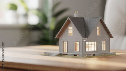 Home model placed on a wooden table with copy space, representing house, property insurance, mortgage loan insurance, real estate, and risk management concept