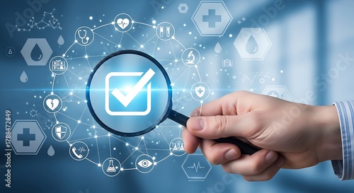 Wallpaper Mural Hand holding magnifying glass over check mark surrounded by medical icons on blue background Torontodigital.ca