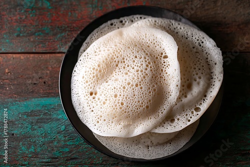 Authentic South Indian Appam on Rustic Plate Showcasing Fermented Rice Pancakes with Lacy Texture and Coconut Flavor