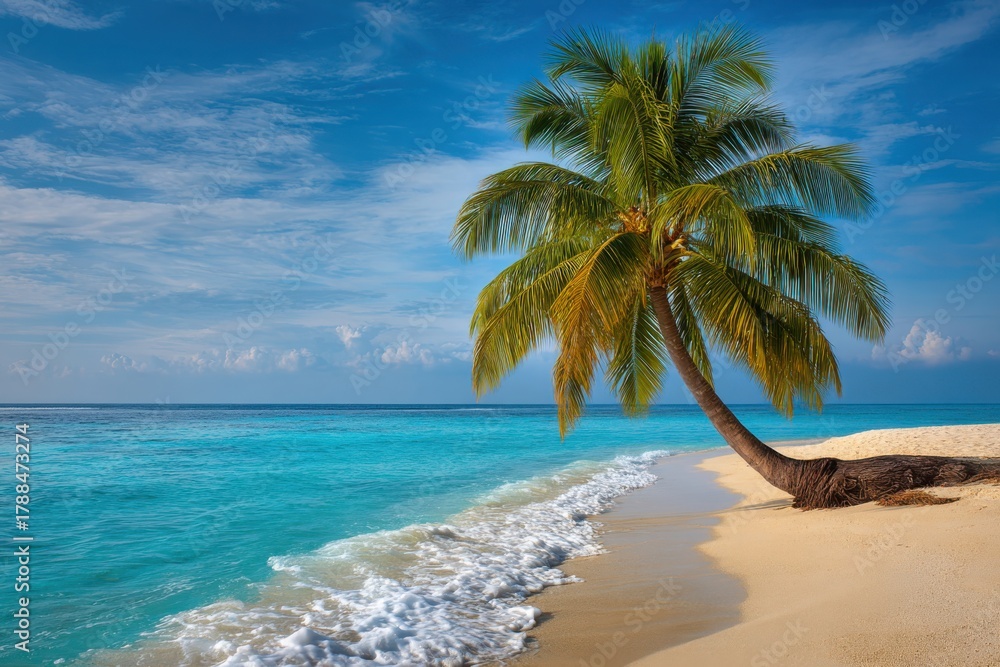 Fototapeta premium A lone palm tree leans over a pristine sandy beach with turquoise waters and a blue sky