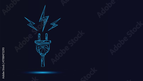 Blue Neon Low Poly Electric Plug Generating Powerful Lightning Bolt Energy Transfer Data Connection System Modern Digital Technology Wireframe Mesh Abstract Background Vector Illustration