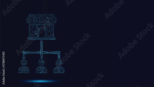 Digital Franchise Business Model Low Poly Wireframe Connecting Store Icon With Distributed Sales Agents Representing Network Marketing Organization Structure Over Dark Blue Background