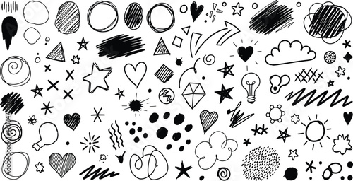 Hand drawn doodle elements vector collection. assortment of scribbled shapes, arrows, stars, hearts, and abstract design marks for creative projects. Vector