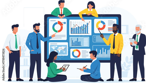 Business team analyzing a digital dashboard with charts and graphs, collaborating on market data and strategic planning. Vector